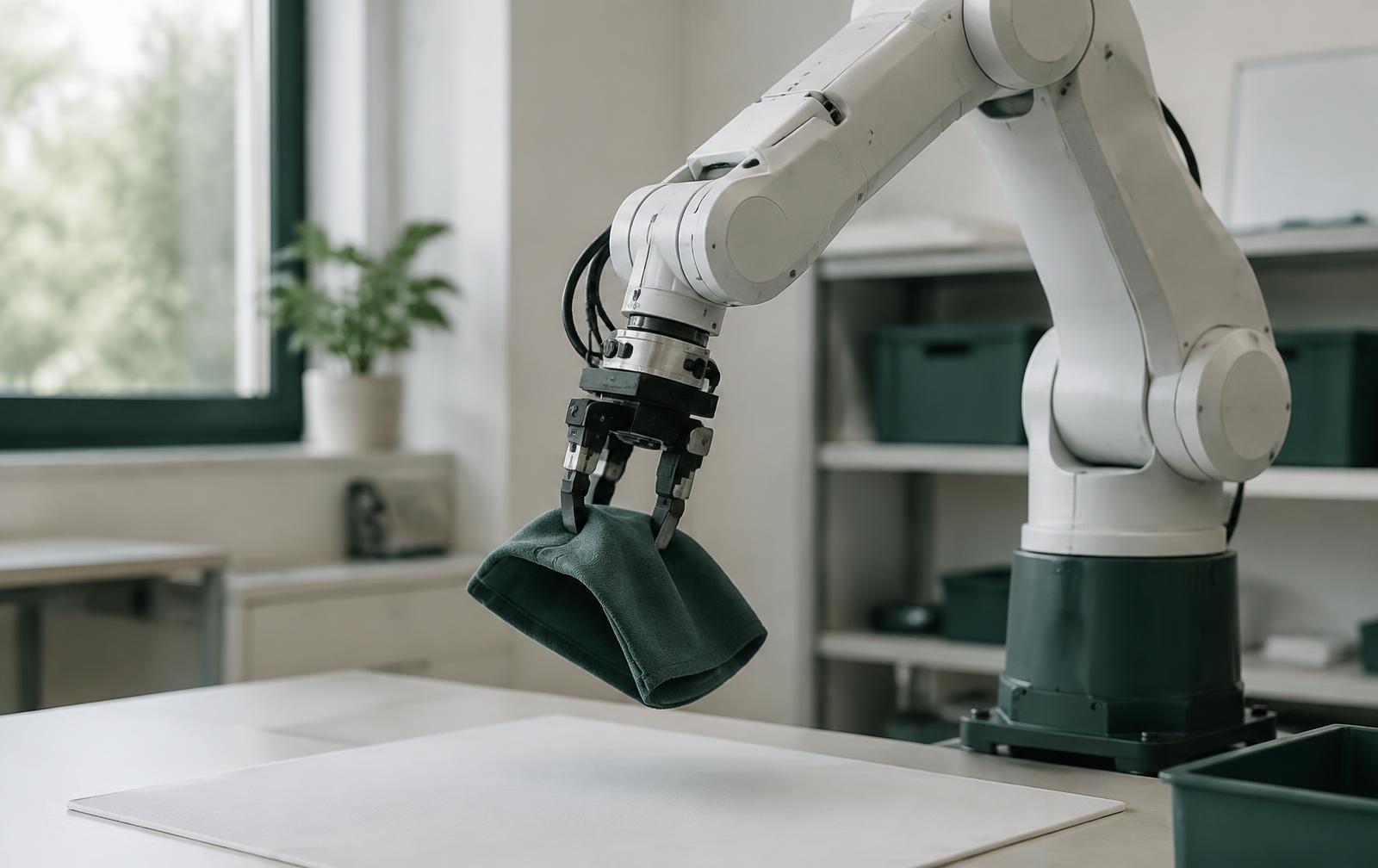 Robot arm holding a cloth in a lab